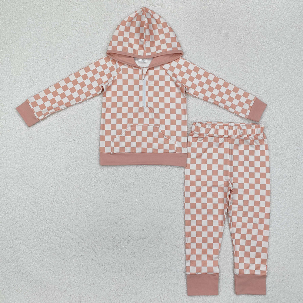 Baby Girls Pink Checkered Zip Hooded Top Pants Clothes Sets