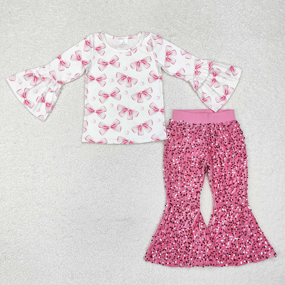 Baby Girls Pink Bows Tops Sequin Bell Pants Clothes Sets