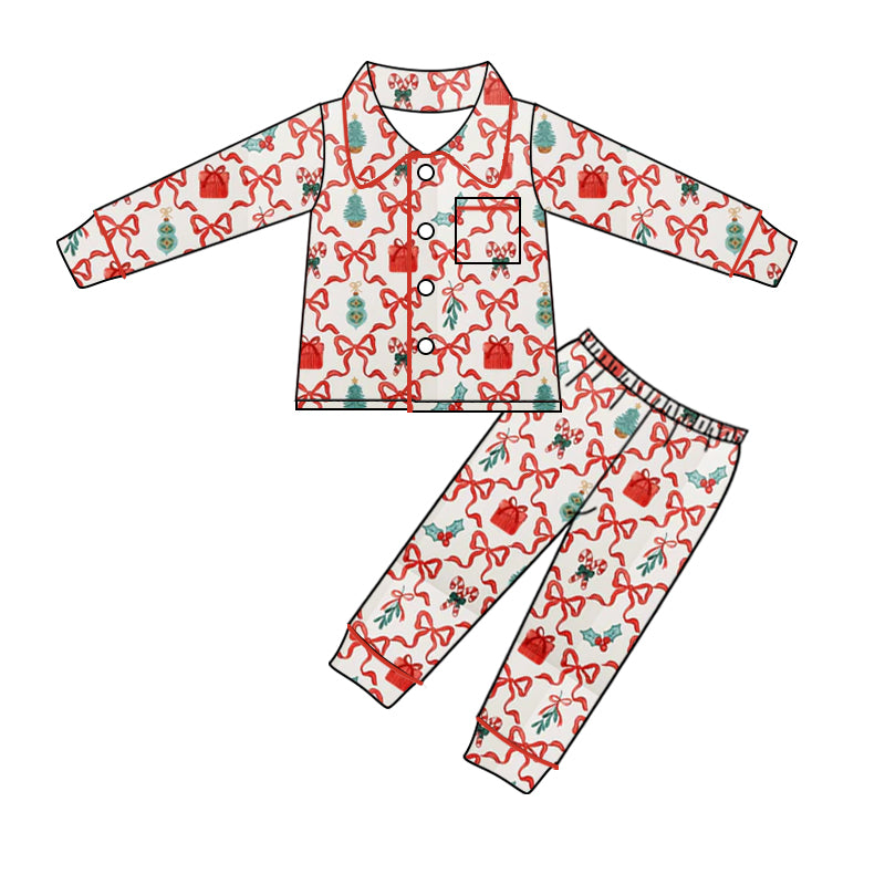 Baby Girls Christmas Bows Gifts Buttons Top Pants Pajamas Clothes Sets Preorder