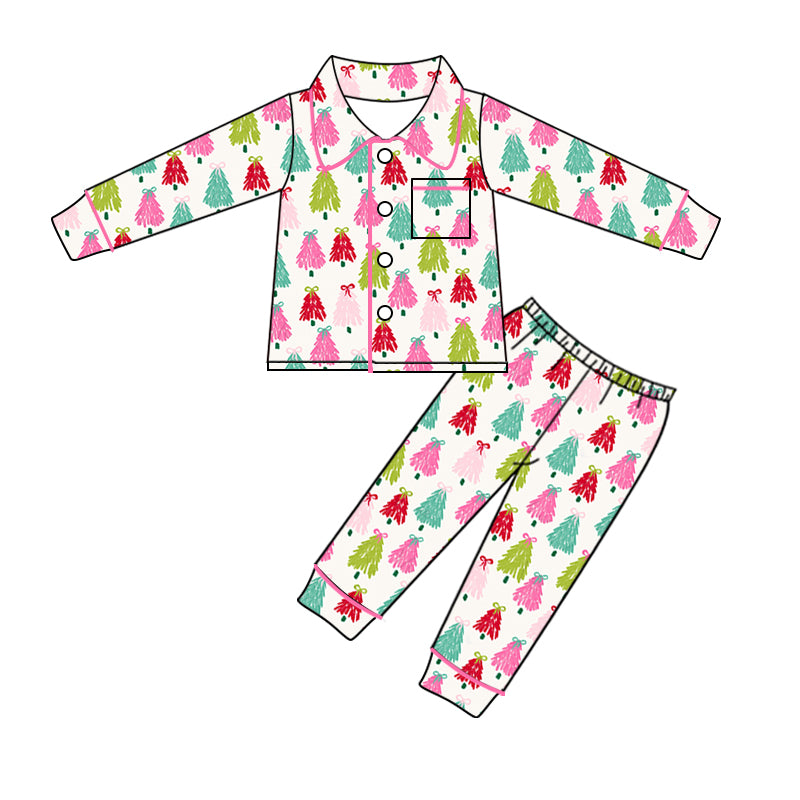 Baby Kids Christmas Colorful Trees Buttons Top Pants Pajamas Clothes Sets Preorder