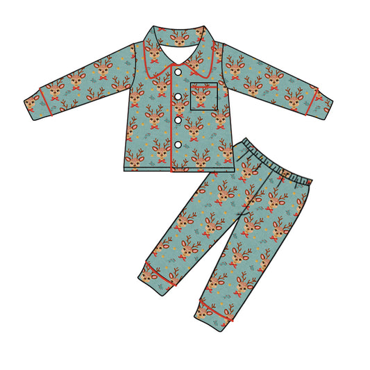 Baby Kids Christmas Reindeer Buttons Top Pants Pajamas Clothes Sets Preorder