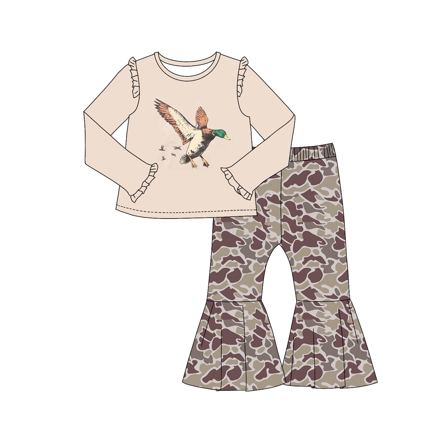 Baby Girls Duck Hunting Top Grey Camo Bell Pants Clothes Sets Preorder