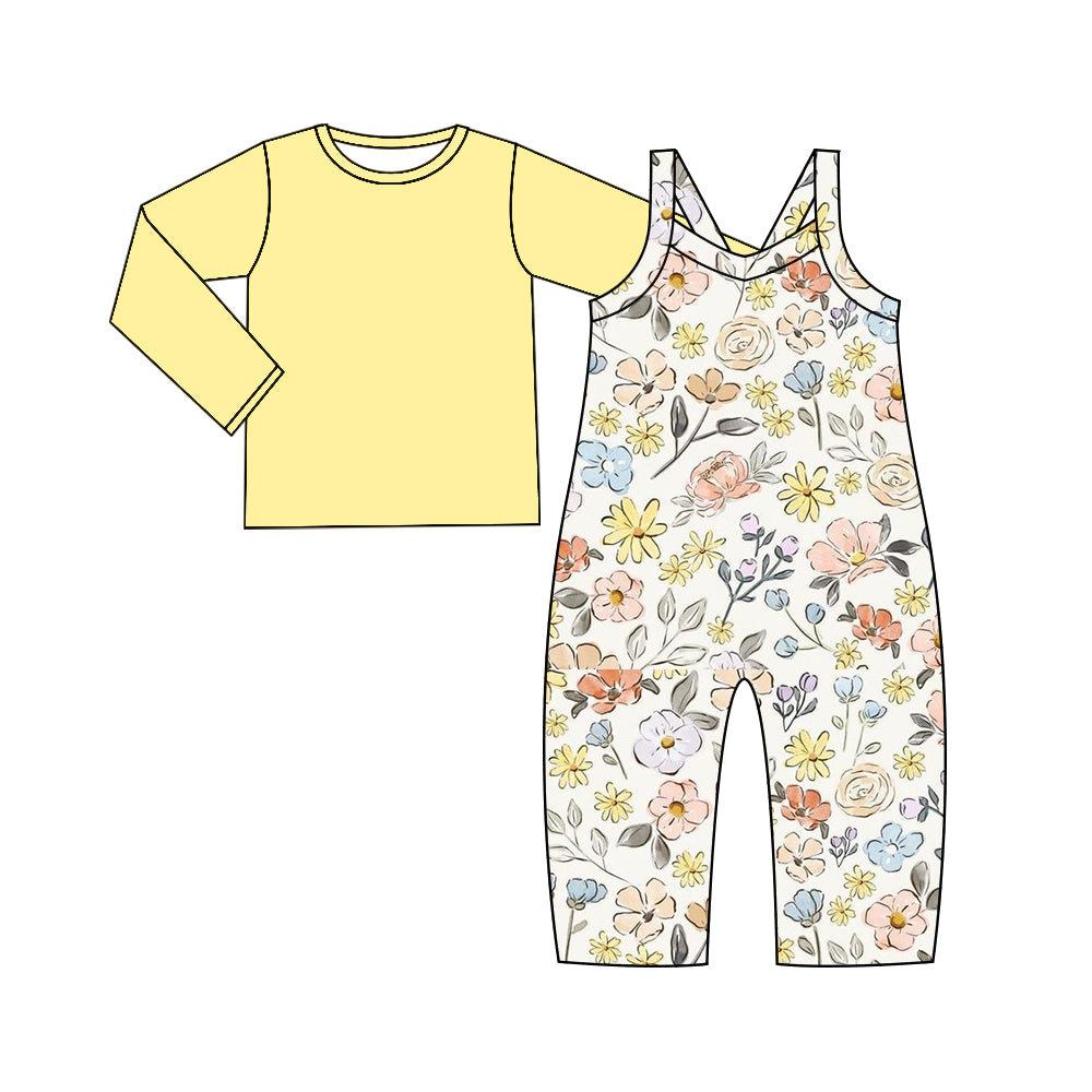 Baby Girls Yellow Flowers Straps Jumpsuits Shirts 2pcs Sets Preorder