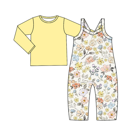 Baby Girls Yellow Flowers Straps Jumpsuits Shirts 2pcs Sets Preorder