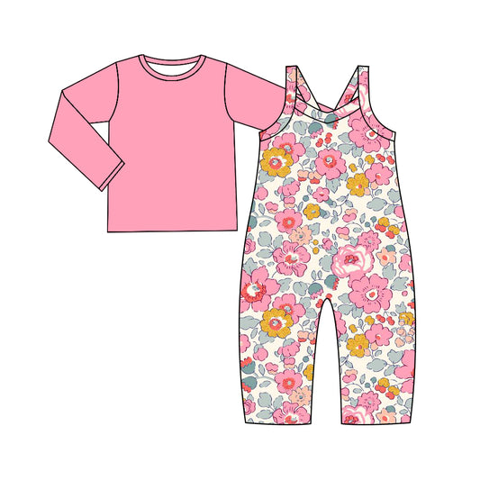 Baby Girls Pink Flowers Straps Jumpsuits Shirts 2pcs Sets Preorder