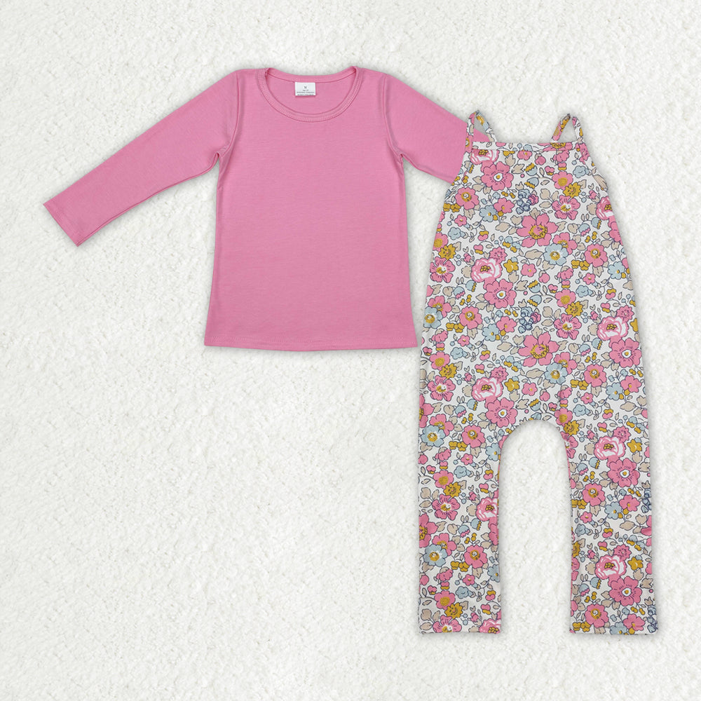 Baby Girls Pink Flowers Straps Jumpsuits Shirts 2pcs Sets