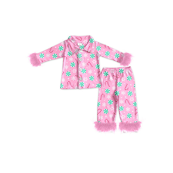 Baby Girls Christmas Balls Fur Tops Pants Pajamas Clothes Sets Preorder