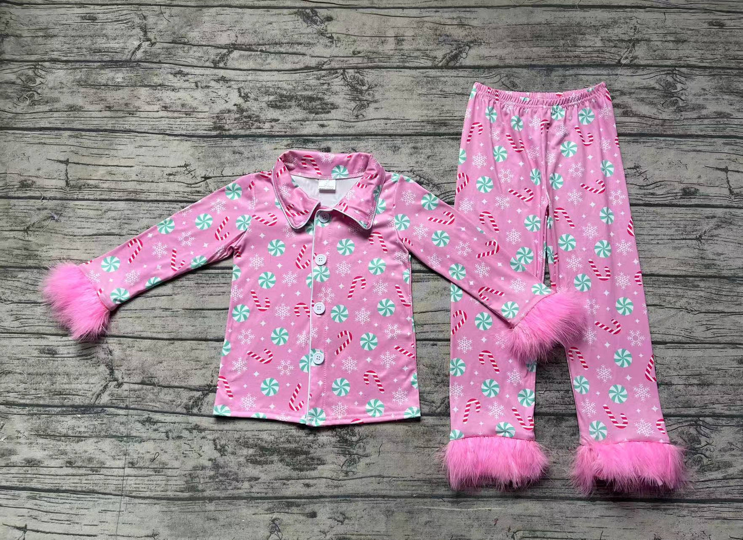 Baby Girls Christmas Balls Fur Tops Pants Pajamas Clothes Sets Preorder