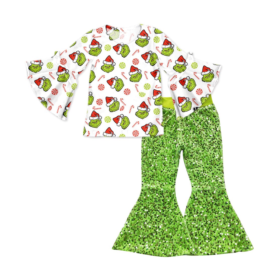 Baby Girls Christmas Green Frog Tops Sequin Bell Pants Clothes Sets Preorder