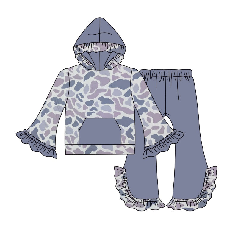 Baby Girls Grey Camo Hooded Top Bell Pants Clothes Sets Preorder