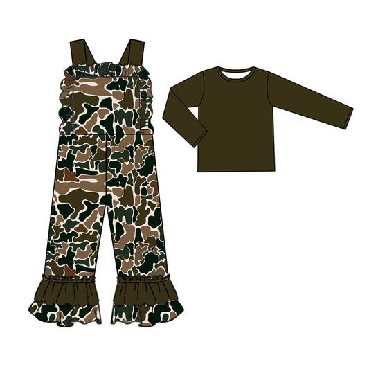 Baby Girls Dark Brown Camo Straps Jumpsuits Shirts 2pcs Clothes Sets Preorder