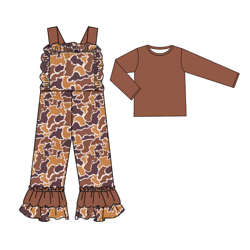 Baby Girls Bright Brown Camo Straps Jumpsuits Shirts 2pcs Clothes Sets Preorder