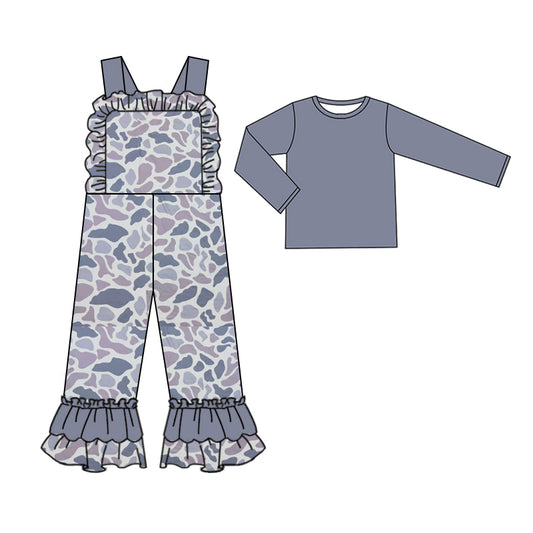 Baby Girls Grey Light Camo Straps Jumpsuits Shirts 2pcs Clothes Sets Preorder