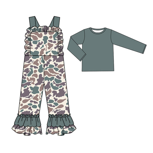 Baby Girls Green Brown Camo Straps Jumpsuits Shirts 2pcs Clothes Sets Preorder