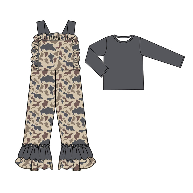 Baby Girls Grey Khaki Camo Straps Jumpsuits Shirts 2pcs Clothes Sets Preorder