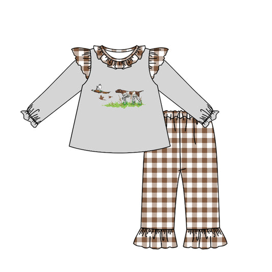 Baby Girls Grey Dog Hunting Tunic Ruffle Pants Clothes Sets Preorder