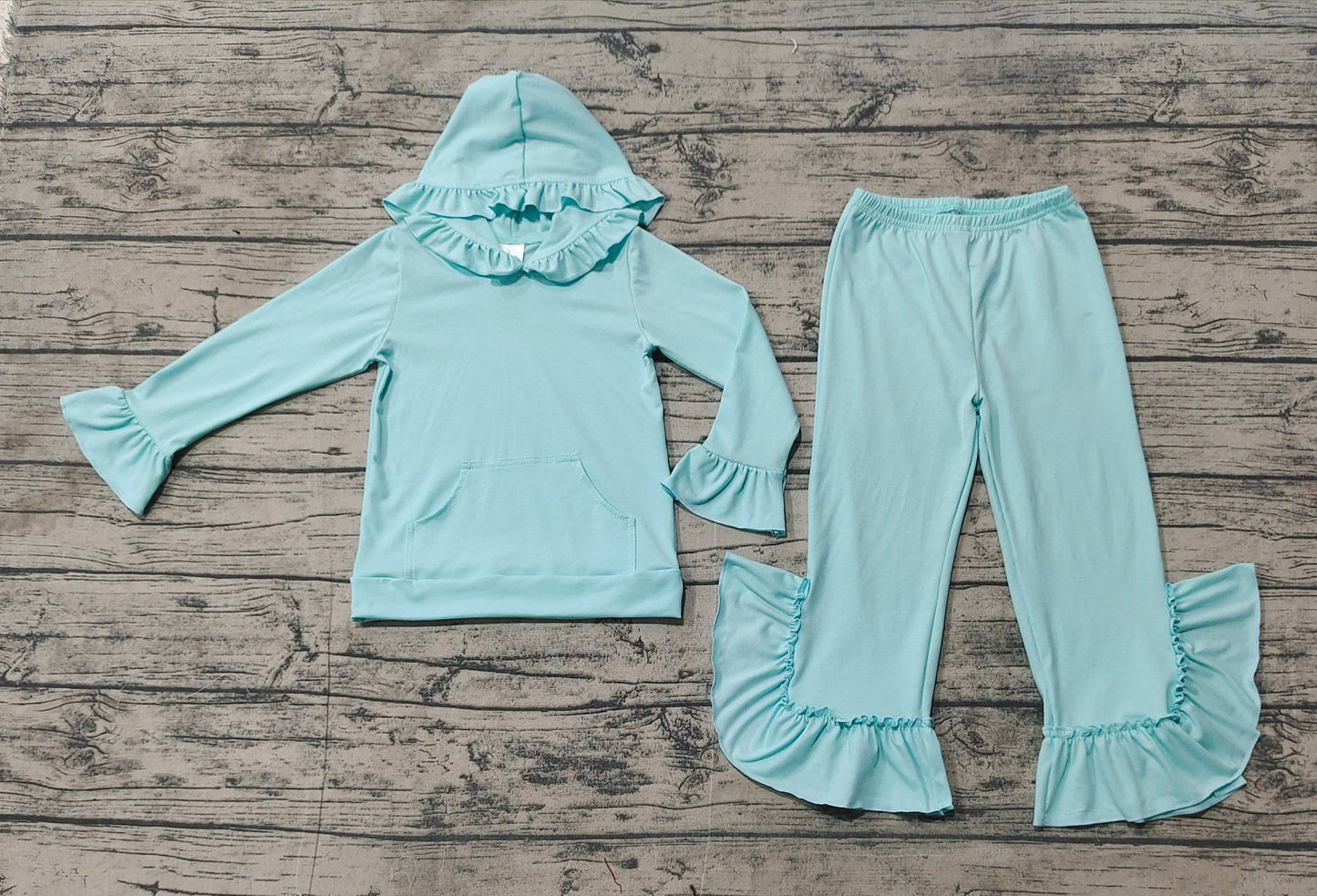 Baby Girls Aqua Hooded Ruffle Top Bell Pants Clothes Sets