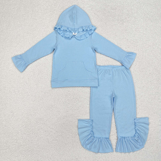 Baby Girls Light Blue Hooded Ruffle Top Bell Pants Clothes Sets