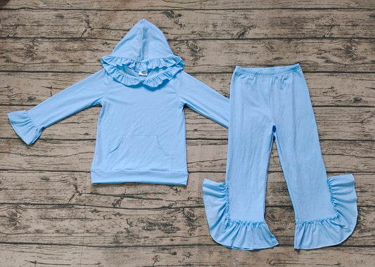 Baby Girls Light Blue Hooded Ruffle Top Bell Pants Clothes Sets