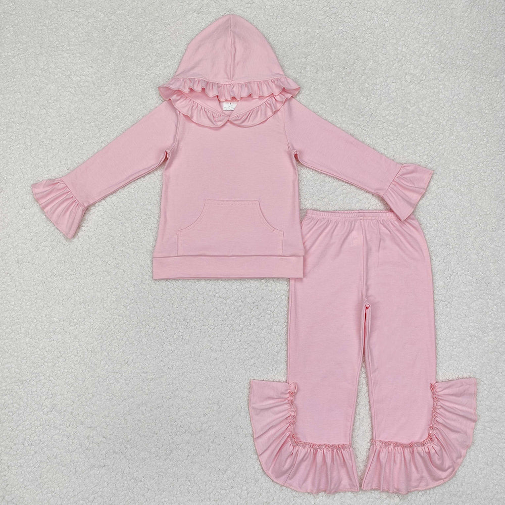 5 Colors Cotton Sibling Baby Girls Hooded Ruffle Top Bell Pants Clothes Sets