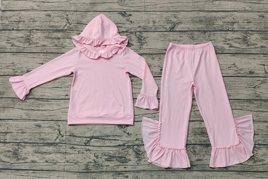 Baby Girls Pink Hooded Ruffle Top Bell Pants Clothes Sets