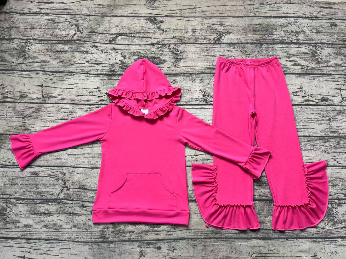 Baby Girls Hotpink Hooded Ruffle Top Bell Pants Clothes Sets