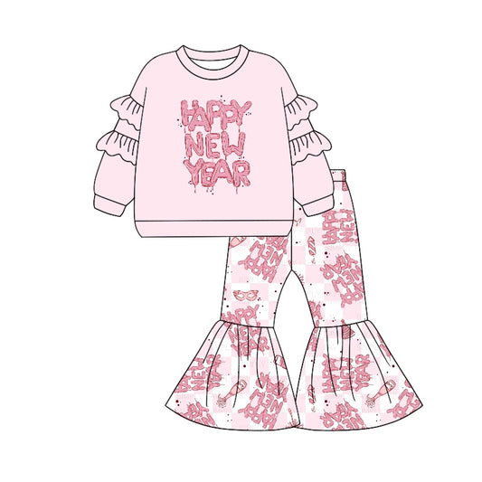 Baby Girls Happy New Year Top Bell Bottom Pants Clothes Sets Preorder