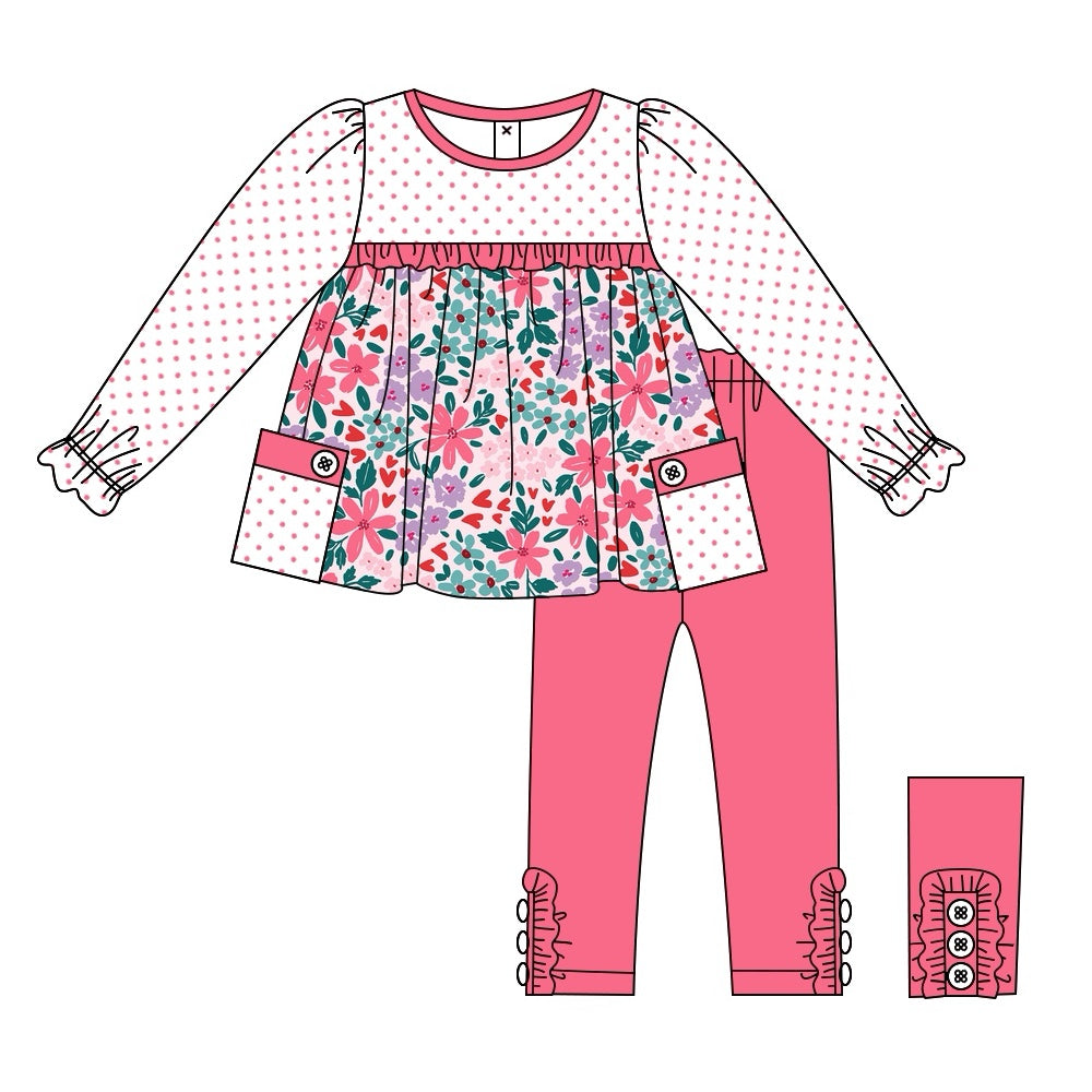 Baby Girls Pink Dots Flowers Pockets Tunic Legging Clothes Sets Preorder