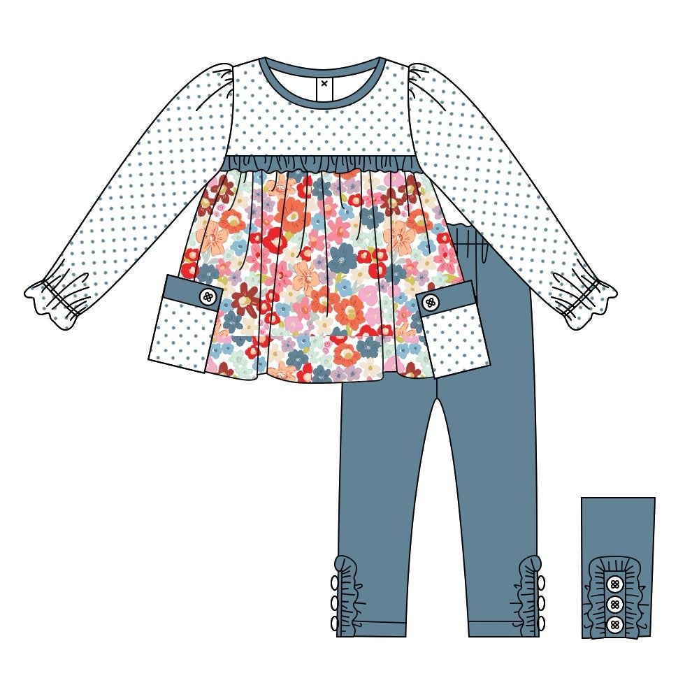 Baby Girls Dots Flowers Pockets Tunic Legging Clothes Sets Preorder