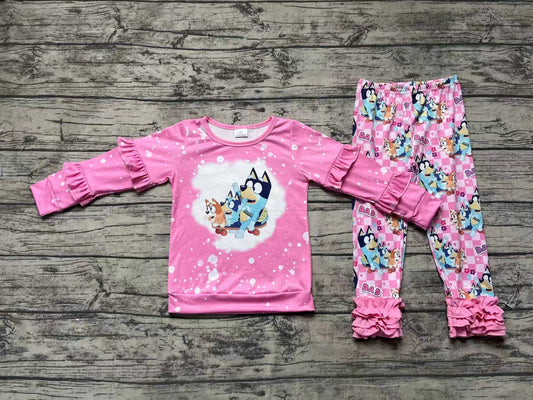 Baby Girls Pink Dogs Ruffle Shirt Legging Clothes Sets