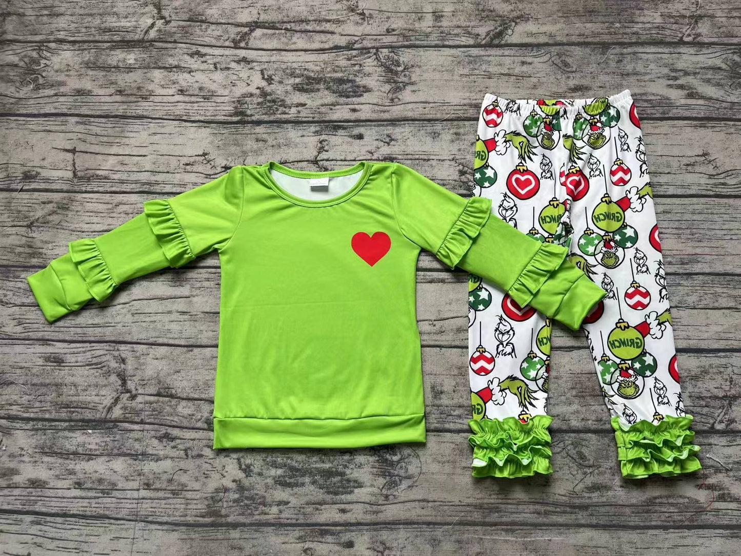 Baby Girls Green Christmas Heart Ruffle Shirt Legging Clothes Sets