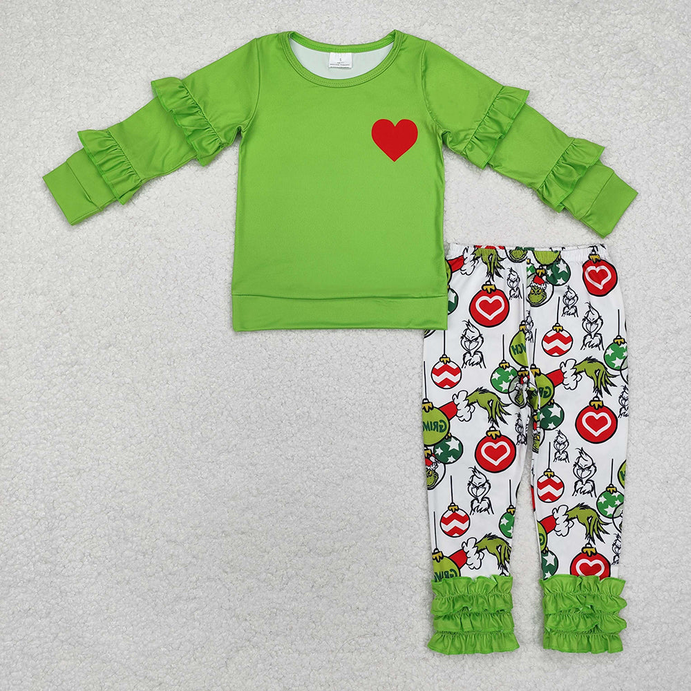 Baby Girls Green Christmas Heart Ruffle Shirt Legging Clothes Sets