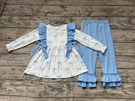 Baby Girls Blue Bows Tunic Ruffle Pants Clothes Sets