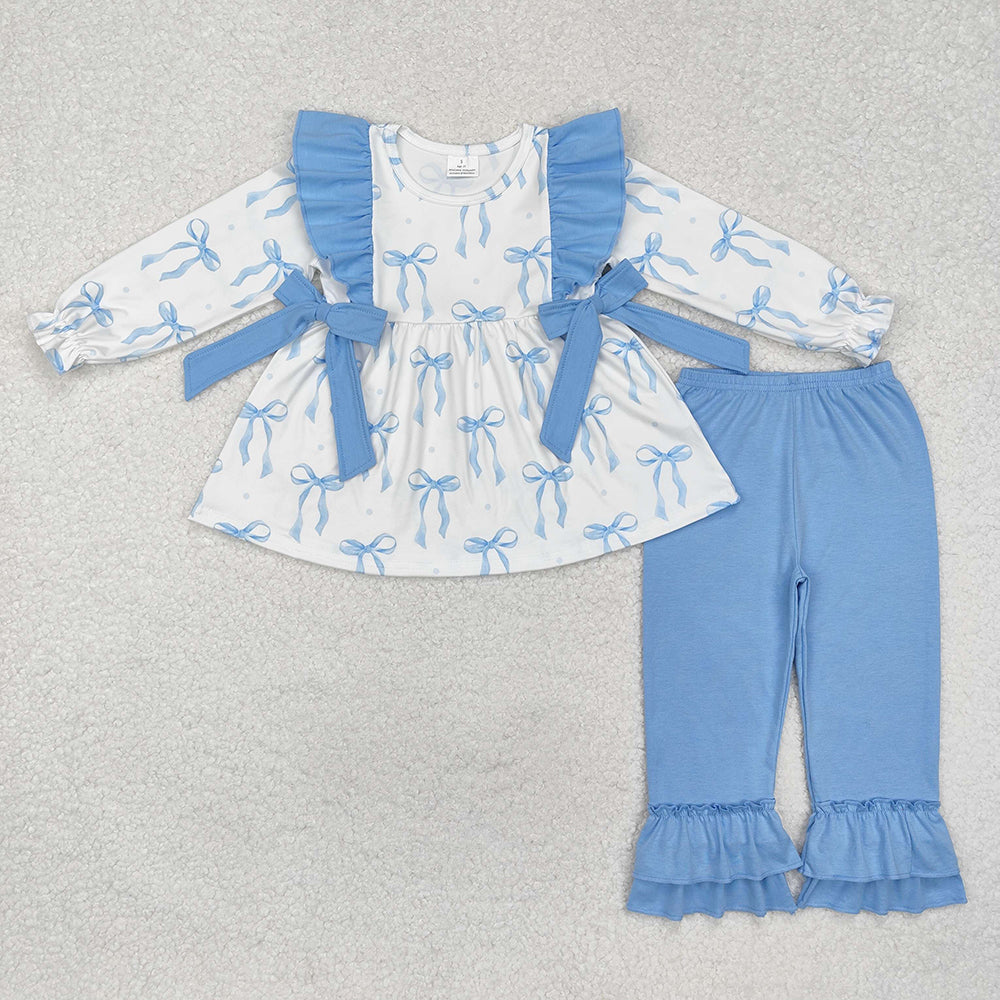 Baby Girls Blue Bows Tunic Ruffle Pants Clothes Sets