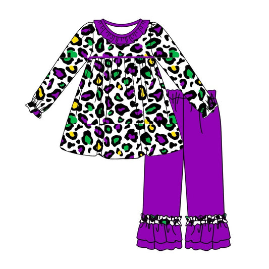 Baby Girls Leopard Mardi Gras Tunic Ruffle Pants Clothes Sets Preorder