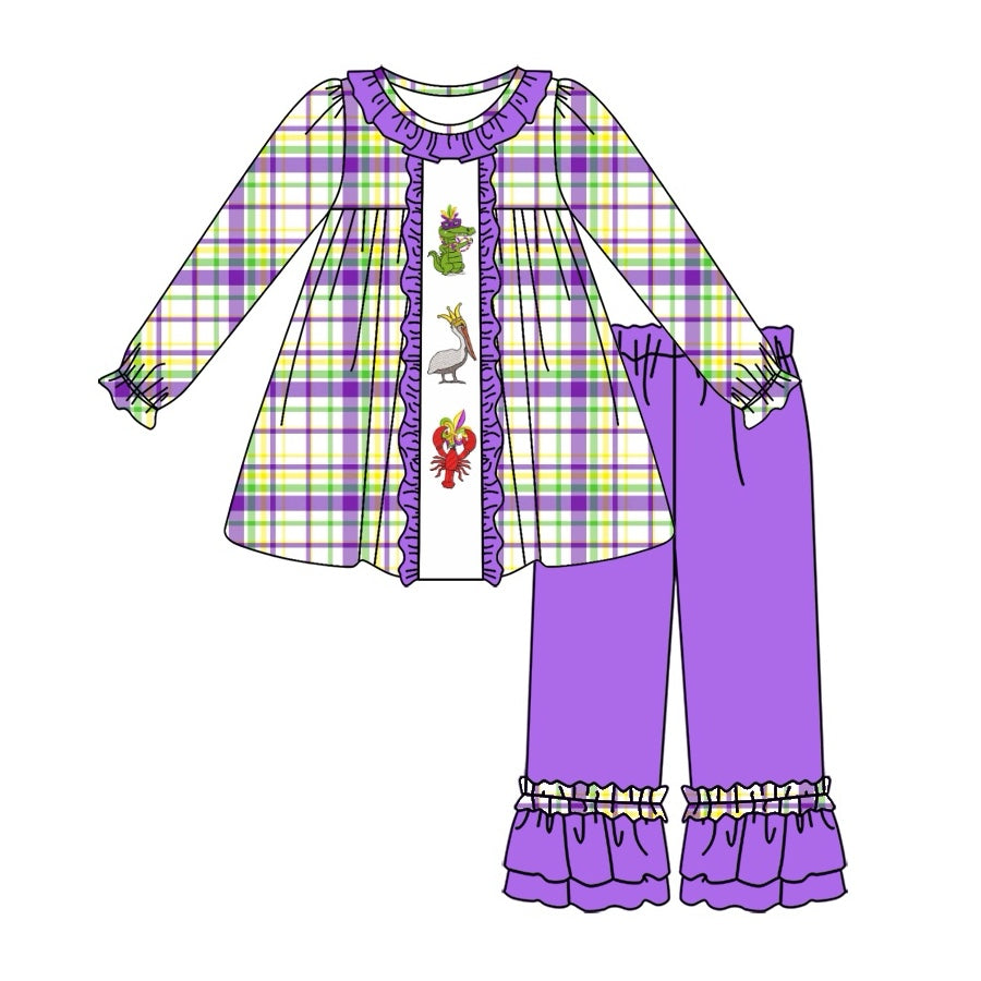 Baby Girls Checkered Crawfish Mardi Gras Tunic Ruffle Pants Clothes Sets Preorder