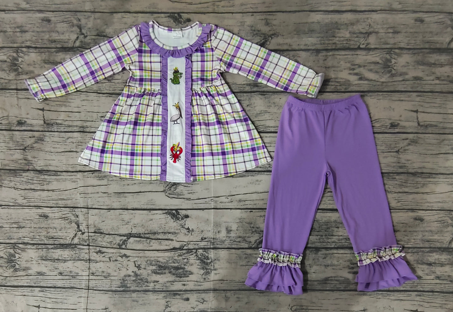 Baby Girls Checkered Crawfish Mardi Gras Tunic Ruffle Pants Clothes Sets Preorder