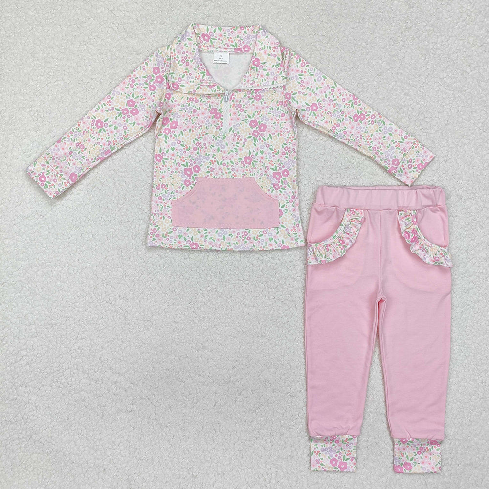 Baby Girls Spring Flowers Pocket Zip Pullovers Legging Clothes Sets