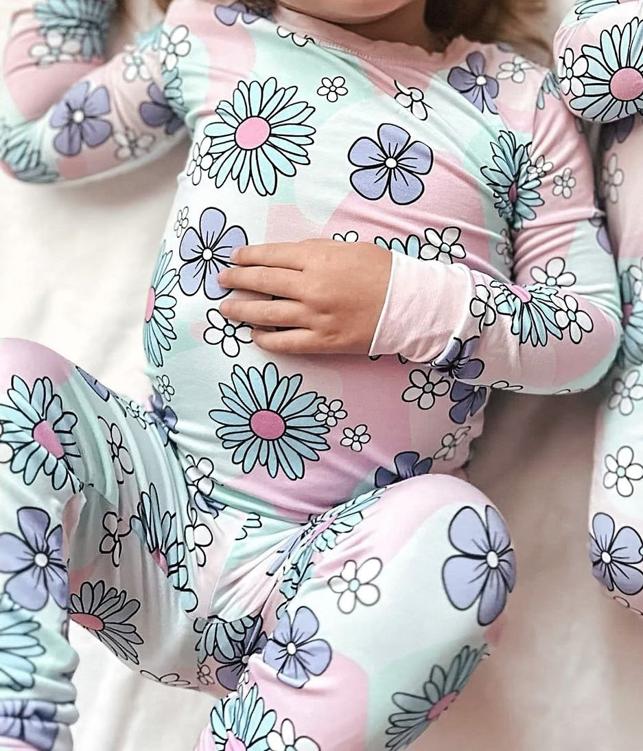 Baby Girls Blue Flowers Pink Top Pants Pajamas Clothes Sets Preorder