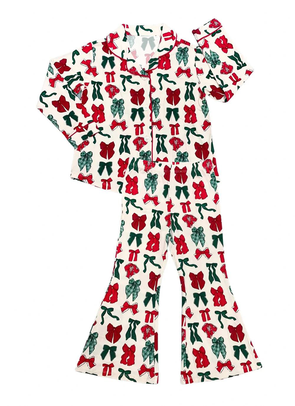 Baby Girls Christmas Bows Buttons Top Pants Pajamas Clothes Sets Preorder