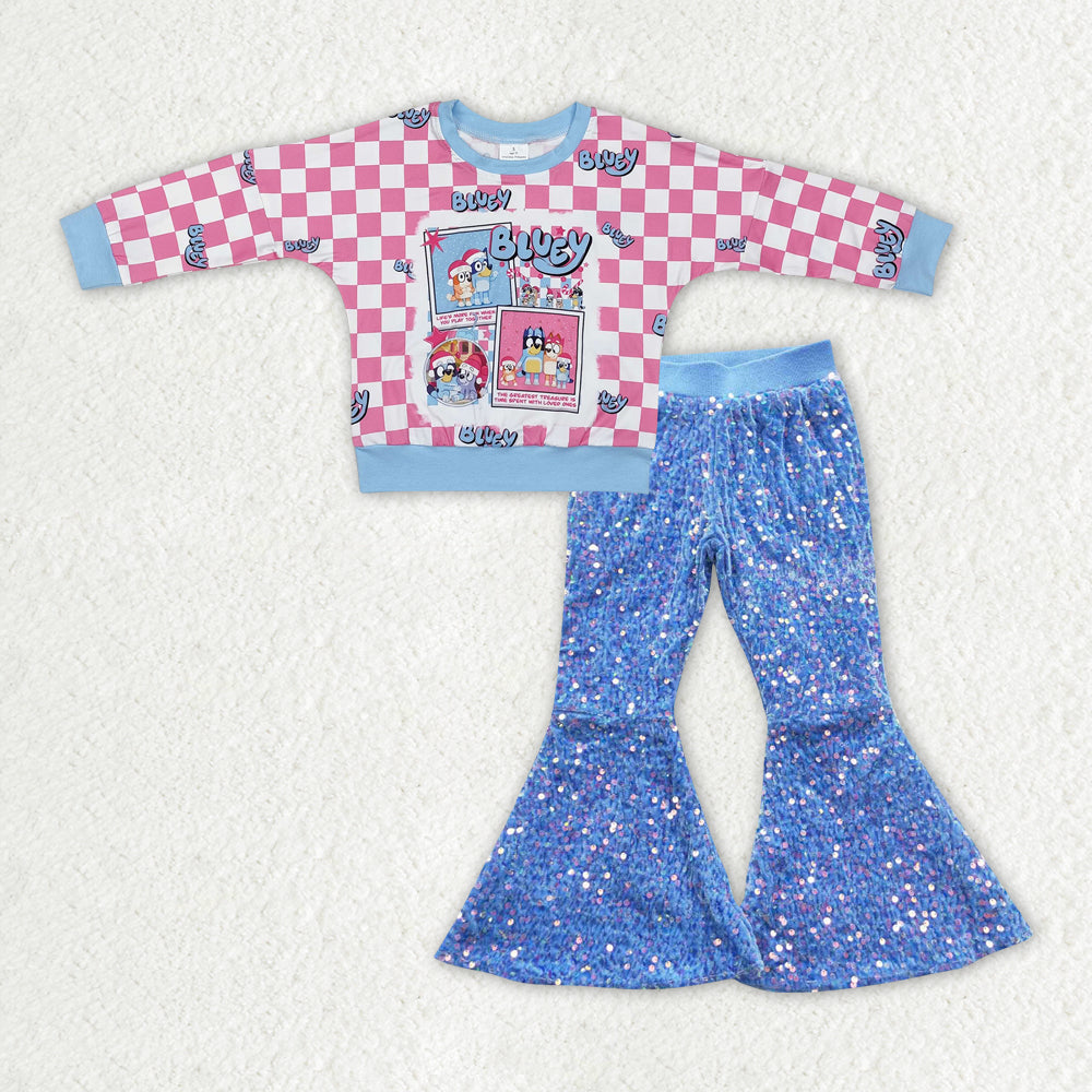 Baby Girls Christmas Dog Shirt Blue Sequin Bell Pants Clothes Sets