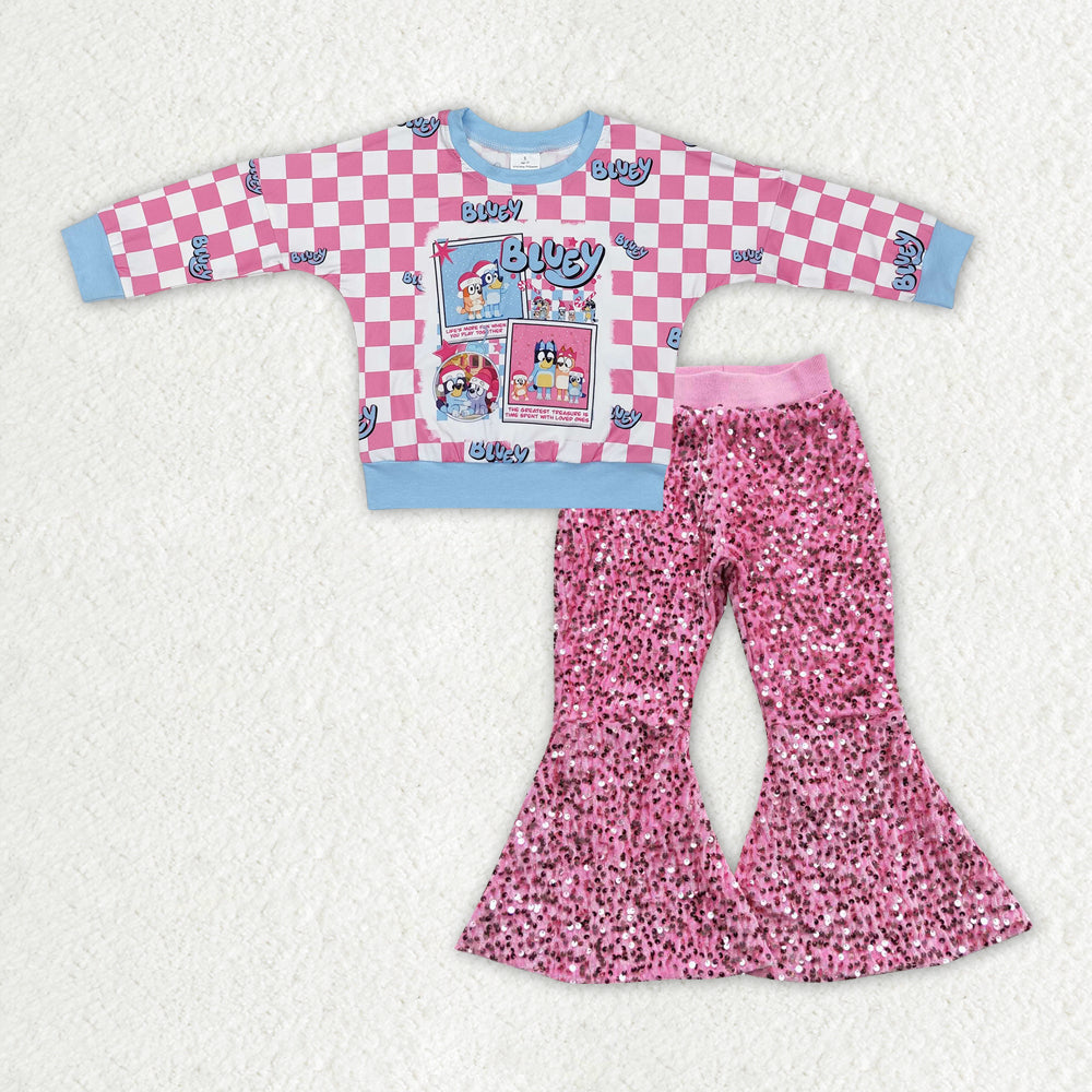 Baby Girls Christmas Dog Shirt Pink Sequin Bell Pants Clothes Sets