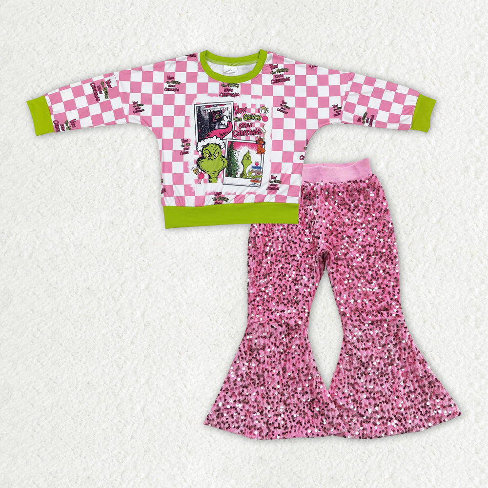 Baby Girls Christmas Pink Frog Shirt Sequin Bell Pants Clothes Sets