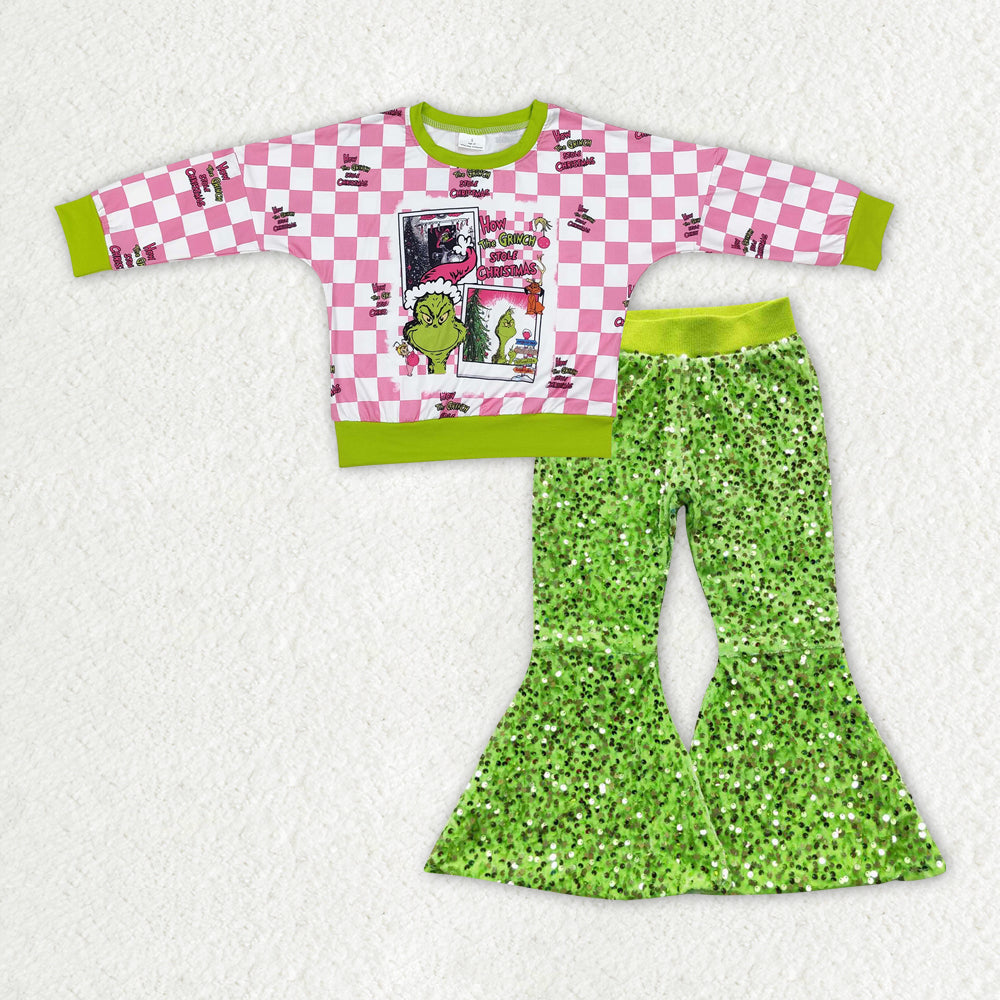 Baby Girls Christmas Frog Shirt Green Sequin Bell Pants Clothes Sets