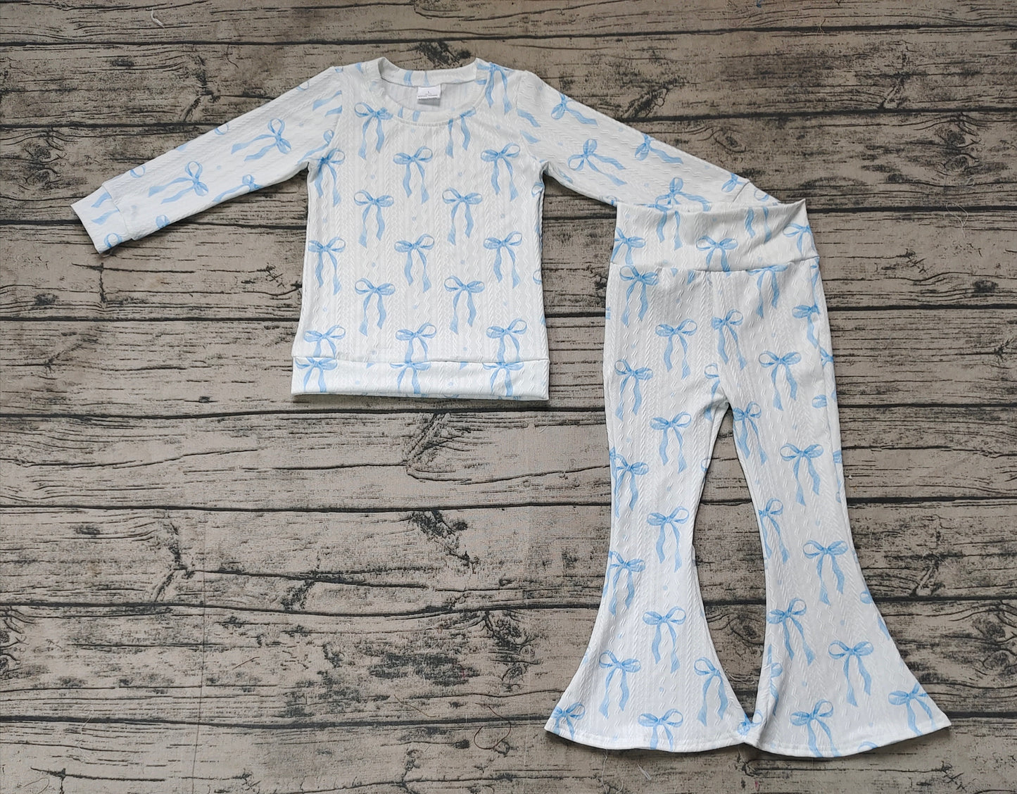 Baby Girls Blue Bows Cable Print Shirt Bell Pants Clothes Sets