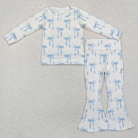 Baby Girls Blue Bows Cable Print Shirt Bell Pants Clothes Sets