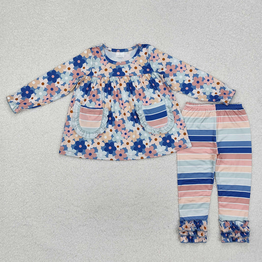 Baby Girls Blue Flowers Pockets Tunic Top Legging Clothes Sets