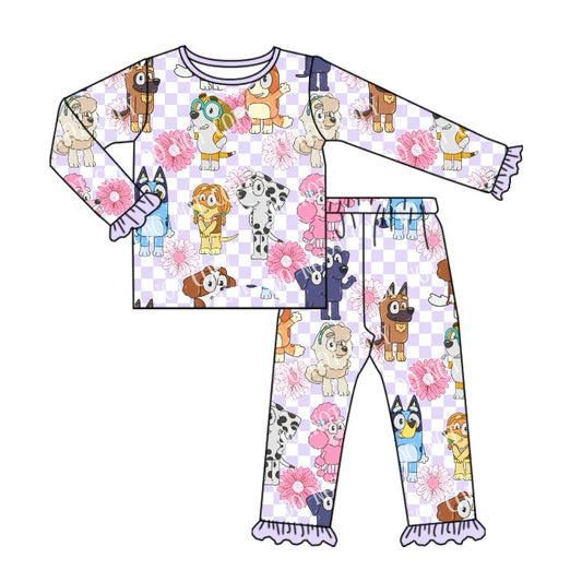 Baby Girls Lavender Checkered Dogs Top Pants Pajamas Clothes Sets Preorder