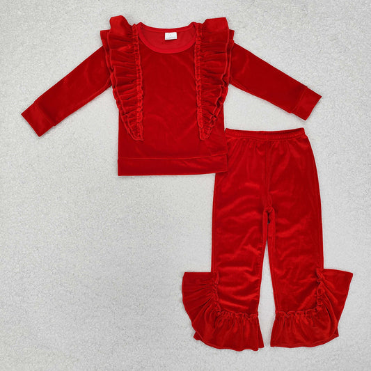 Baby Girls Red Ruffles Tee Shirts Top Velvet Bell Pants Clothes Sets Preorder