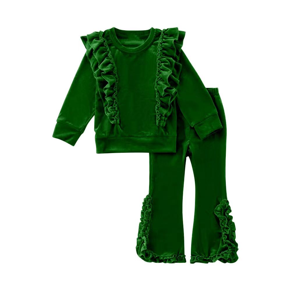 Baby Girls Green Ruffles Tee Shirts Top Velvet Bell Pants Clothes Sets Preorder